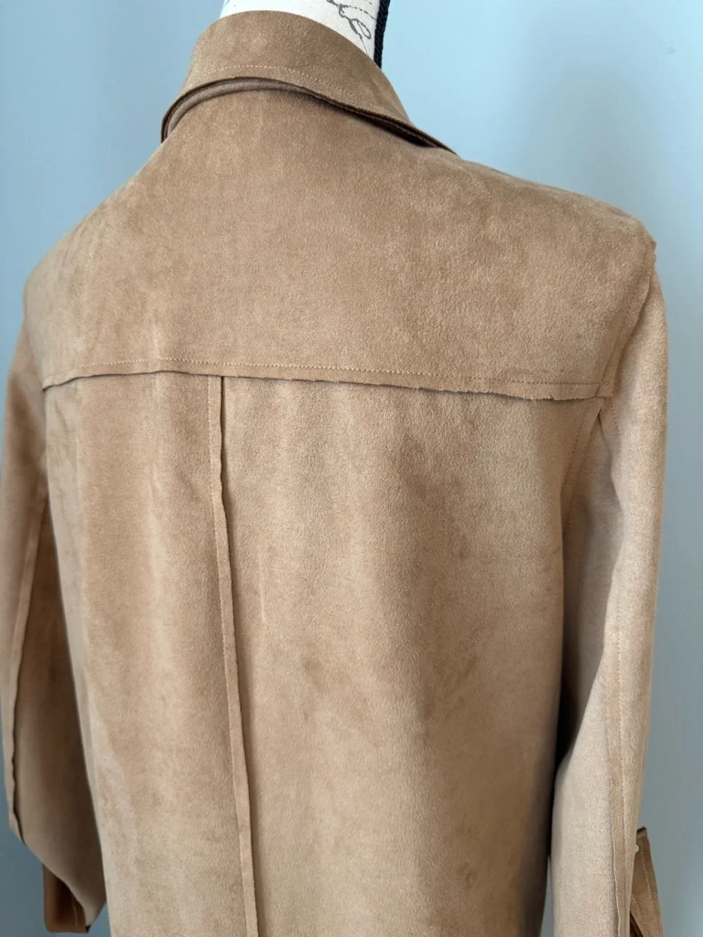 Tahari Faux Suede Trench Coat Tan Open Front Duster Jacket Minimalist Chic - Picture 5 of 7